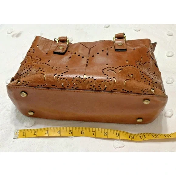 Patricia Nash Angela Laser Cut Satchel Leather Handbag Tan Brown Western - Picture 3 of 8